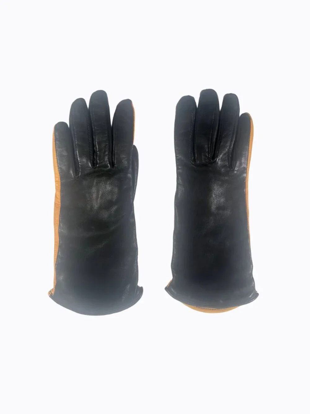Vintage Two Tone Leather Cashmere Gloves S Black Ochre Saffron Whimsigoth Luxury